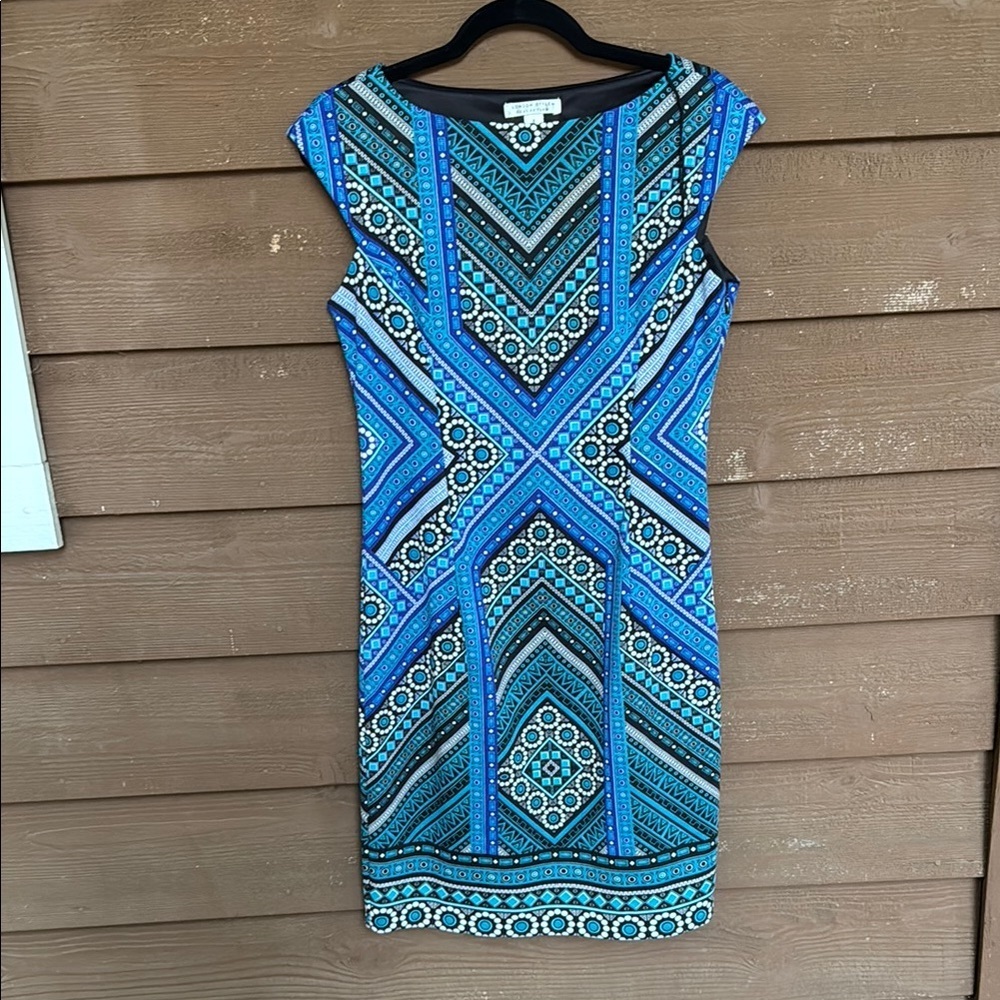 London Style Blue Sheath Midi Dress with Bateau Neckline size 8